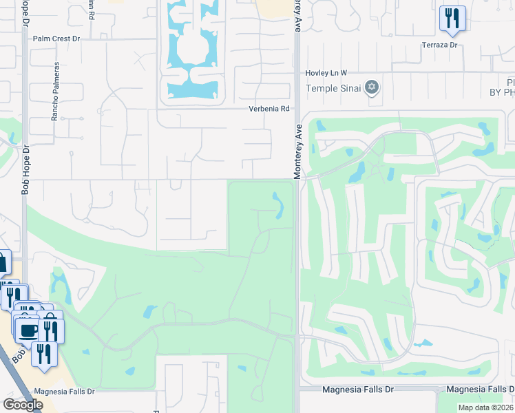 map of restaurants, bars, coffee shops, grocery stores, and more near 10 Padron Way in Rancho Mirage