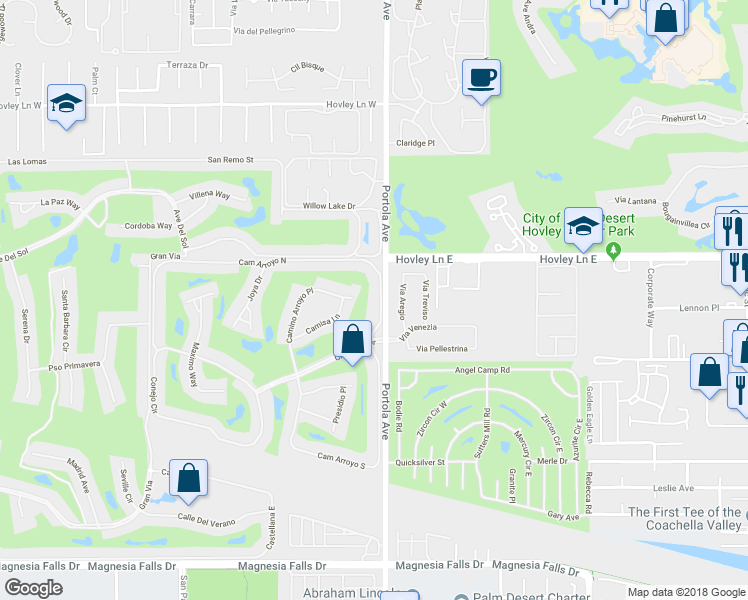 map of restaurants, bars, coffee shops, grocery stores, and more near 23 Camino Arroyo North in Palm Desert