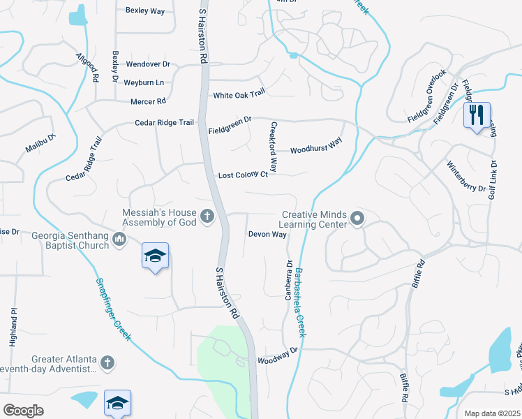 map of restaurants, bars, coffee shops, grocery stores, and more near 4756 Manly Court in Stone Mountain