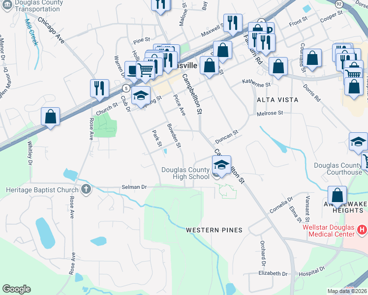 map of restaurants, bars, coffee shops, grocery stores, and more near 8648 Bowden Street in Douglasville