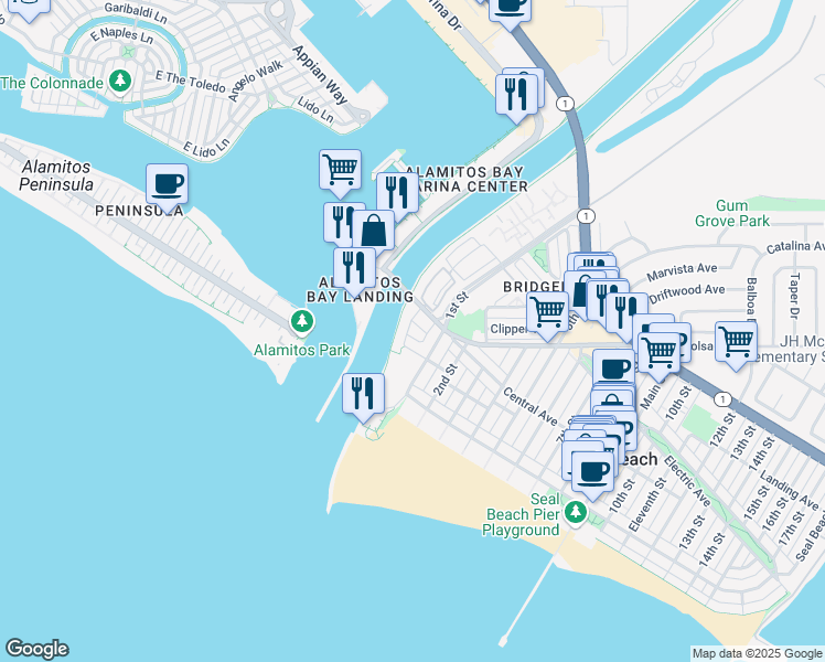 map of restaurants, bars, coffee shops, grocery stores, and more near 208 Ocean Place in Seal Beach