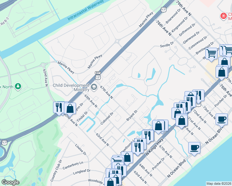 map of restaurants, bars, coffee shops, grocery stores, and more near 800 67th Avenue North in Myrtle Beach