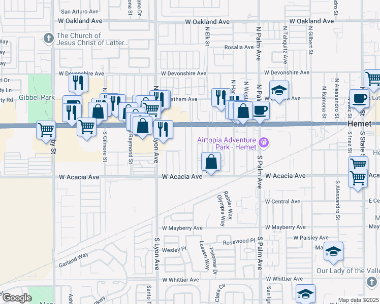 map of restaurants, bars, coffee shops, grocery stores, and more near 1445 West Florida Avenue in Hemet