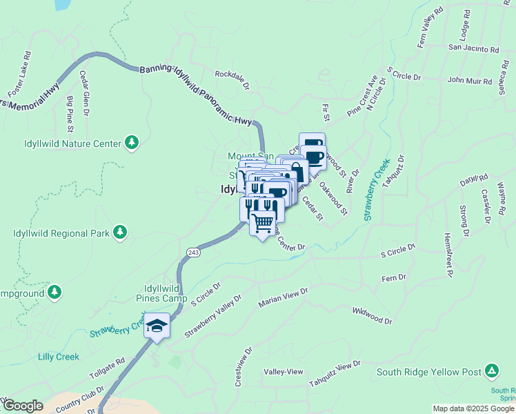 map of restaurants, bars, coffee shops, grocery stores, and more near 26546 Green Avenue in Idyllwild-Pine Cove