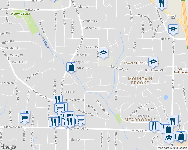 map of restaurants, bars, coffee shops, grocery stores, and more near 1600 Cobbs Creek Cove in Decatur