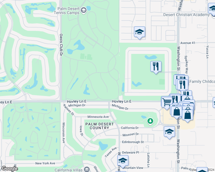 map of restaurants, bars, coffee shops, grocery stores, and more near 41806 Jupiter Hills Court in Palm Desert