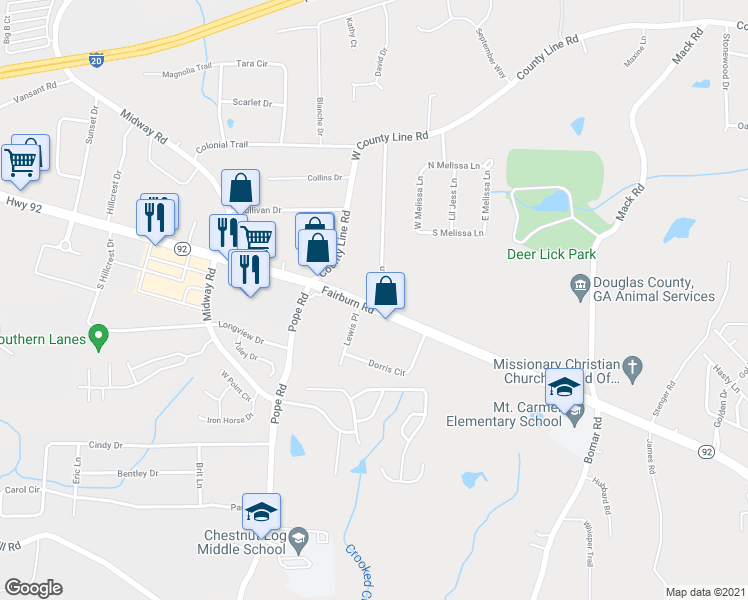 map of restaurants, bars, coffee shops, grocery stores, and more near 2210 Fairburn Road in Douglasville