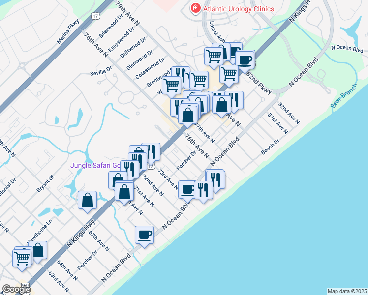 map of restaurants, bars, coffee shops, grocery stores, and more near 406 75th Avenue North in Myrtle Beach