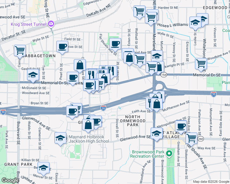 map of restaurants, bars, coffee shops, grocery stores, and more near 323 Stovall Street Southeast in Atlanta