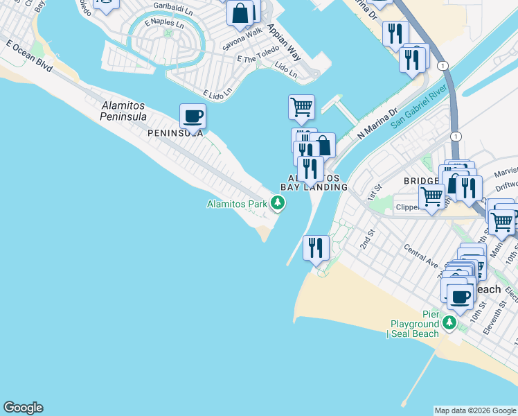 map of restaurants, bars, coffee shops, grocery stores, and more near 7019 East Seaside Walk in Long Beach