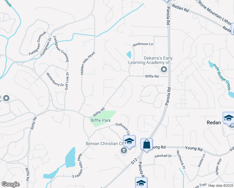 map of restaurants, bars, coffee shops, grocery stores, and more near 5273 Biffle Road in Stone Mountain