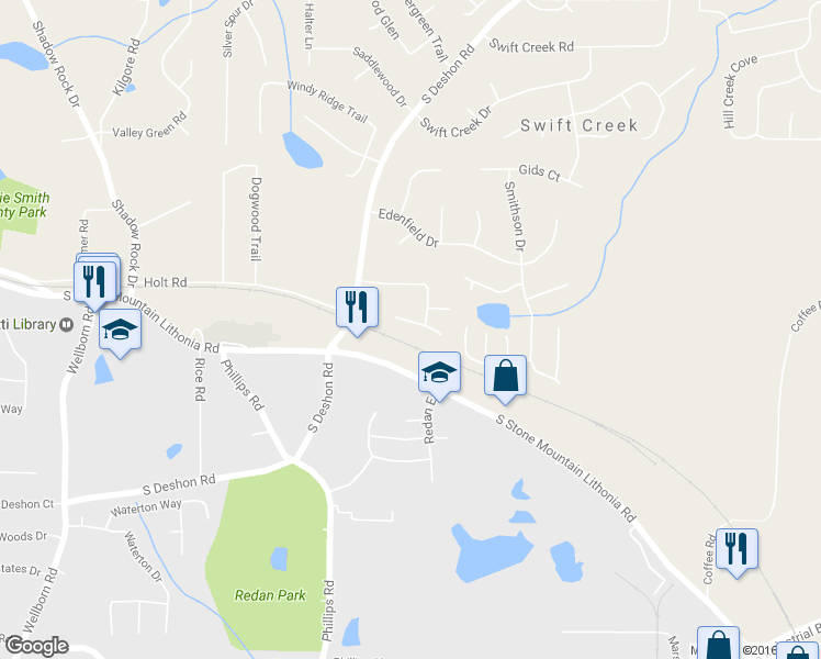 map of restaurants, bars, coffee shops, grocery stores, and more near 6345 Pawleys Isle in Lithonia
