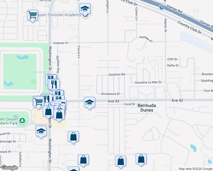 map of restaurants, bars, coffee shops, grocery stores, and more near 41734 Lima Hall Road in Bermuda Dunes