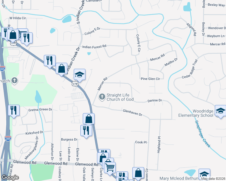 map of restaurants, bars, coffee shops, grocery stores, and more near 4275 Hidden Valley Road in Decatur
