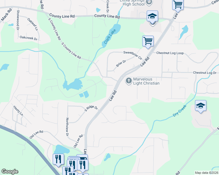 map of restaurants, bars, coffee shops, grocery stores, and more near 2174 Lee Road in Lithia Springs
