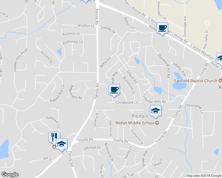 map of restaurants, bars, coffee shops, grocery stores, and more near 1517 Stoneleigh Way in Stone Mountain