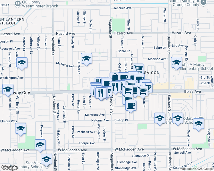 map of restaurants, bars, coffee shops, grocery stores, and more near 8962 Barcelona Plaza in Westminster