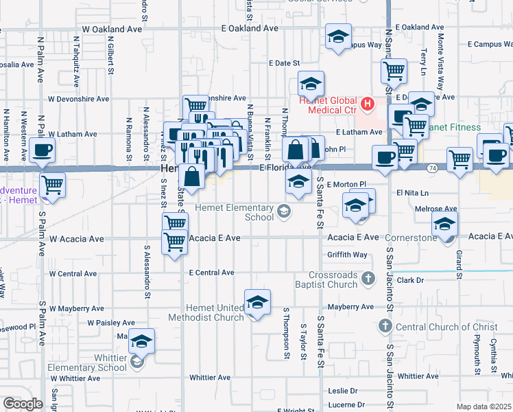 map of restaurants, bars, coffee shops, grocery stores, and more near 515 East Kimball Avenue in Hemet