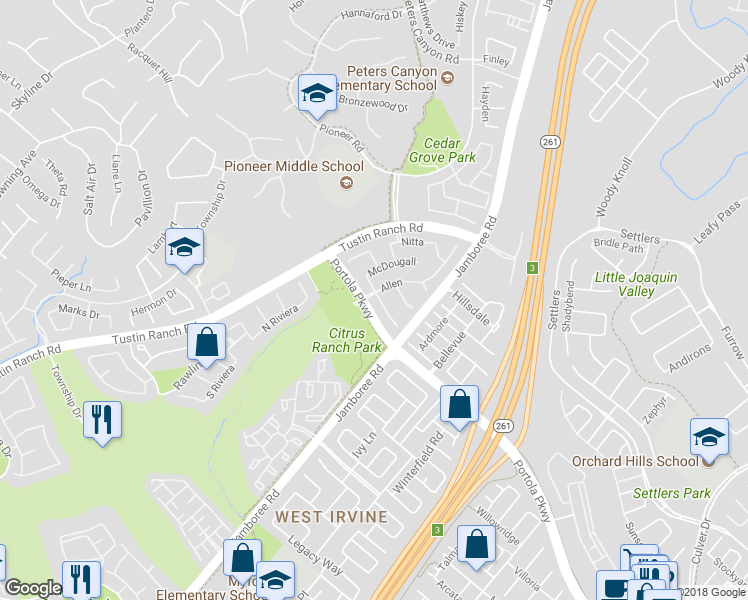 map of restaurants, bars, coffee shops, grocery stores, and more near 2936 Penman in Tustin