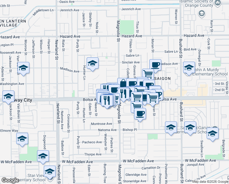 map of restaurants, bars, coffee shops, grocery stores, and more near 8962 Barcelona Plaza in Westminster