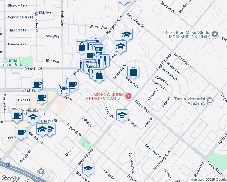map of restaurants, bars, coffee shops, grocery stores, and more near 1332 Arloura Way in Tustin