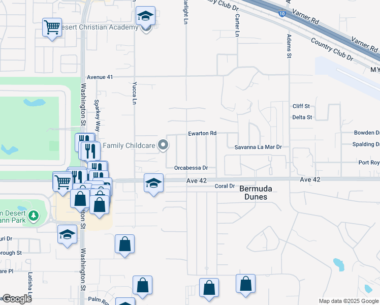 map of restaurants, bars, coffee shops, grocery stores, and more near 41734 Lima Hall Road in Bermuda Dunes