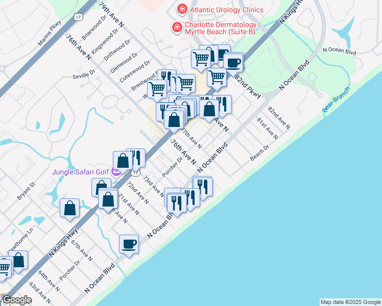 map of restaurants, bars, coffee shops, grocery stores, and more near 7602 Porcher Drive in Myrtle Beach