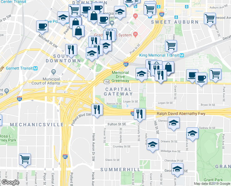 map of restaurants, bars, coffee shops, grocery stores, and more near 301-399 Terry St SE in Atlanta