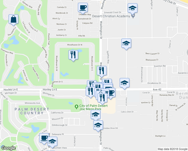 map of restaurants, bars, coffee shops, grocery stores, and more near 41736 Woodhaven Drive East in Palm Desert