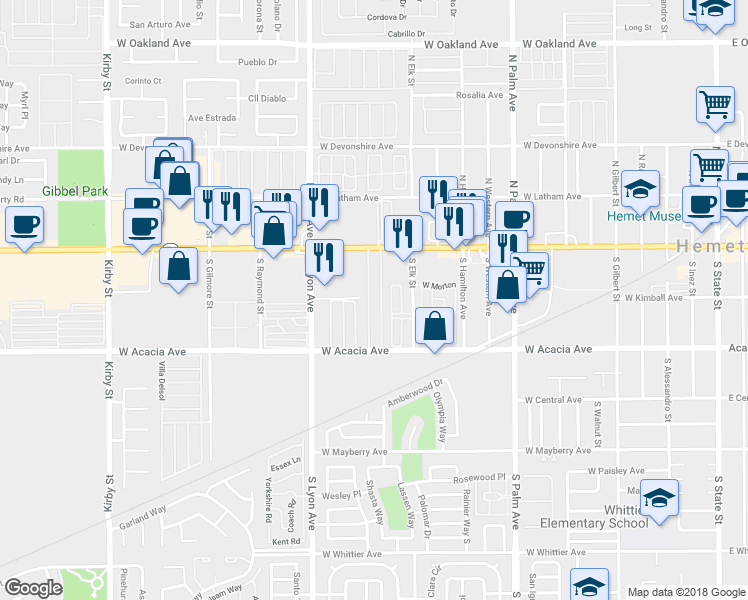 map of restaurants, bars, coffee shops, grocery stores, and more near 1445 West Florida Avenue in Hemet
