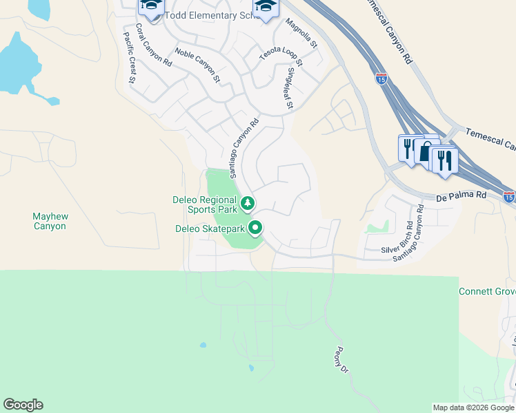map of restaurants, bars, coffee shops, grocery stores, and more near 25747 Red Hawk Road in Corona