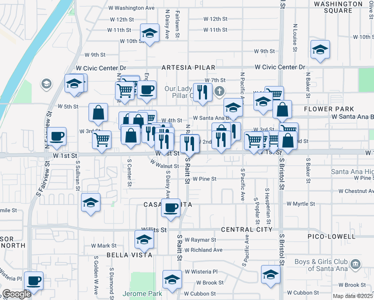 map of restaurants, bars, coffee shops, grocery stores, and more near 1715 West 1st Street in Santa Ana