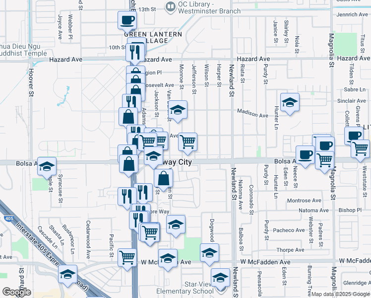 map of restaurants, bars, coffee shops, grocery stores, and more near 14931 Monroe Street in Midway City