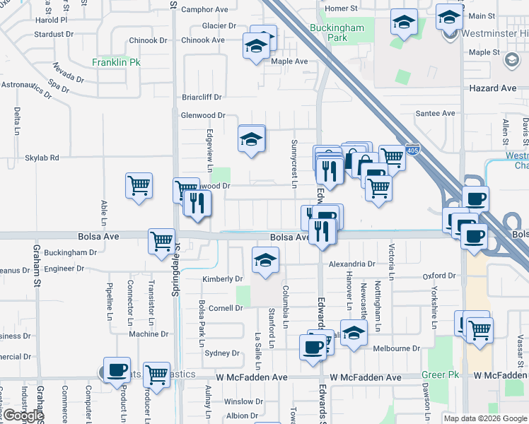 map of restaurants, bars, coffee shops, grocery stores, and more near 14902 Quill Circle in Huntington Beach