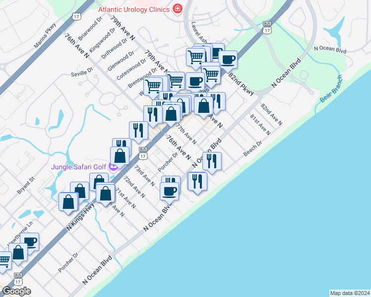 map of restaurants, bars, coffee shops, grocery stores, and more near 15 Shaddowood Court in Myrtle Beach
