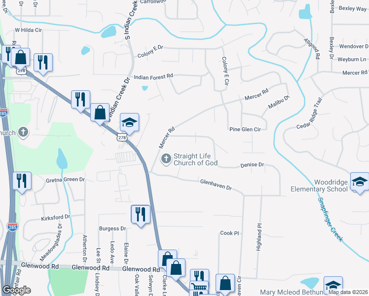 map of restaurants, bars, coffee shops, grocery stores, and more near 4275 Hidden Valley Road in Decatur
