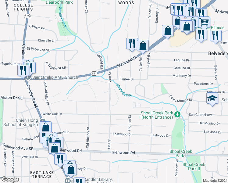 map of restaurants, bars, coffee shops, grocery stores, and more near 1610 Line Circle in Decatur