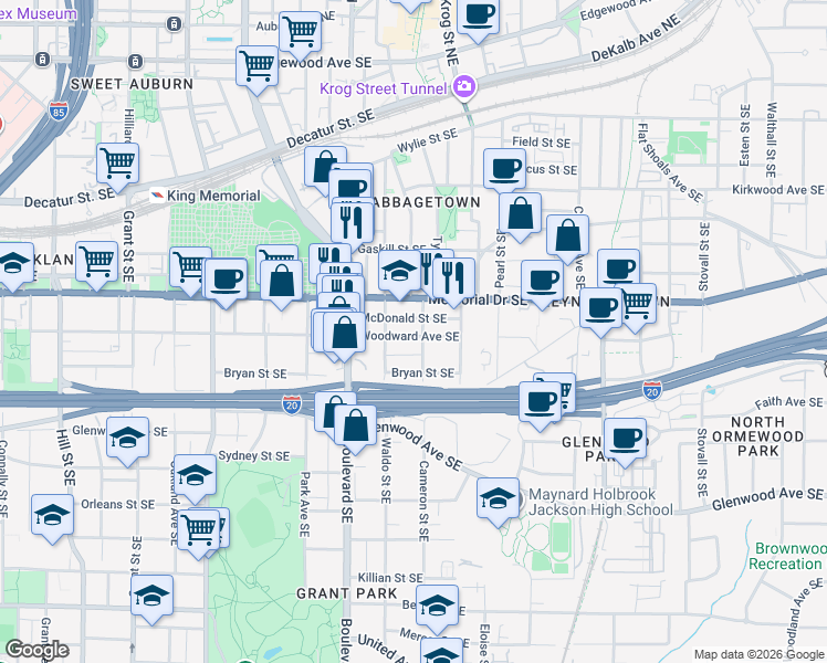 map of restaurants, bars, coffee shops, grocery stores, and more near 664 Woodward Avenue Southeast in Atlanta