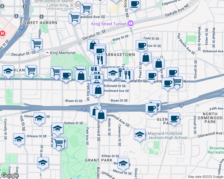 map of restaurants, bars, coffee shops, grocery stores, and more near 652 Woodward Avenue Southeast in Atlanta