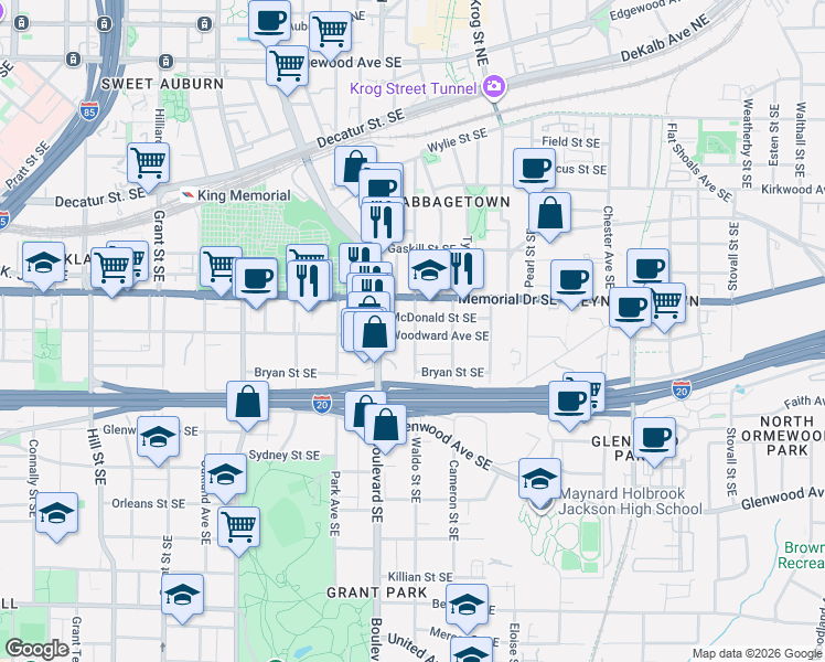 map of restaurants, bars, coffee shops, grocery stores, and more near 610 Woodward Avenue Southeast in Atlanta