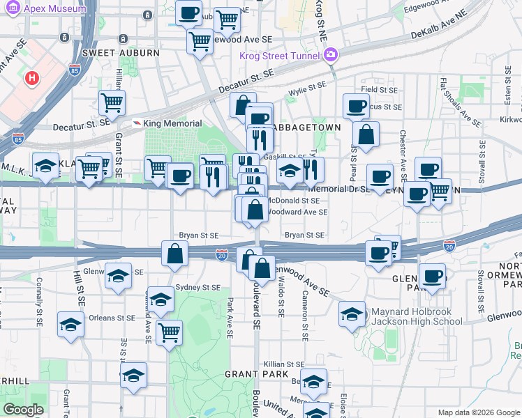 map of restaurants, bars, coffee shops, grocery stores, and more near 600 Woodward Avenue Southeast in Atlanta