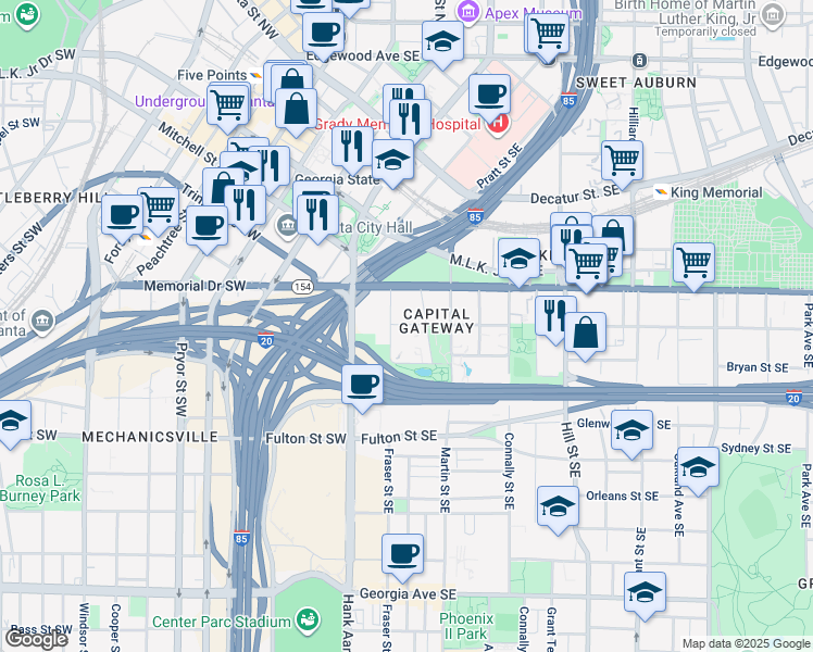map of restaurants, bars, coffee shops, grocery stores, and more near 107 Woodward Avenue Southeast in Atlanta
