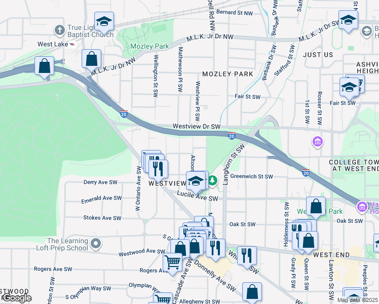 map of restaurants, bars, coffee shops, grocery stores, and more near 349 Altoona Place Southwest in Atlanta