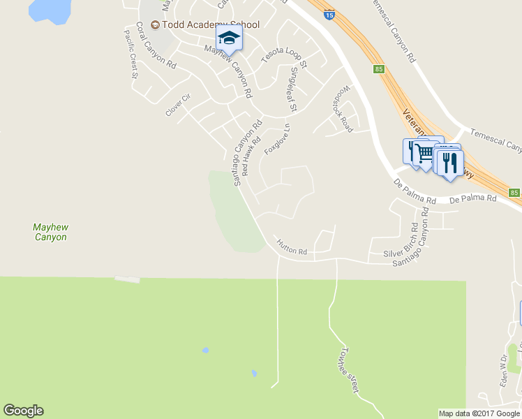 map of restaurants, bars, coffee shops, grocery stores, and more near 25747 Red Hawk Road in Corona