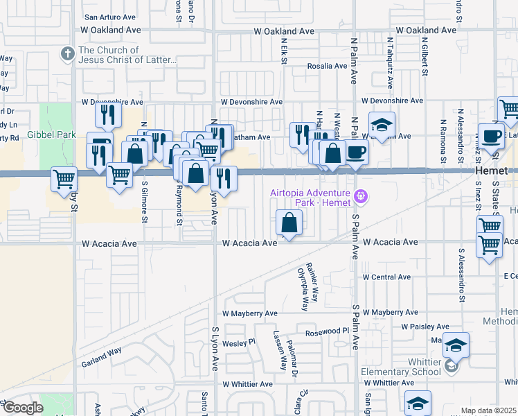 map of restaurants, bars, coffee shops, grocery stores, and more near 1445 Florida Avenue in Hemet