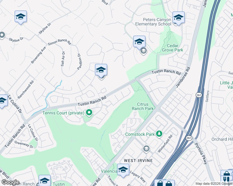 map of restaurants, bars, coffee shops, grocery stores, and more near 2605 Palmetto in Tustin