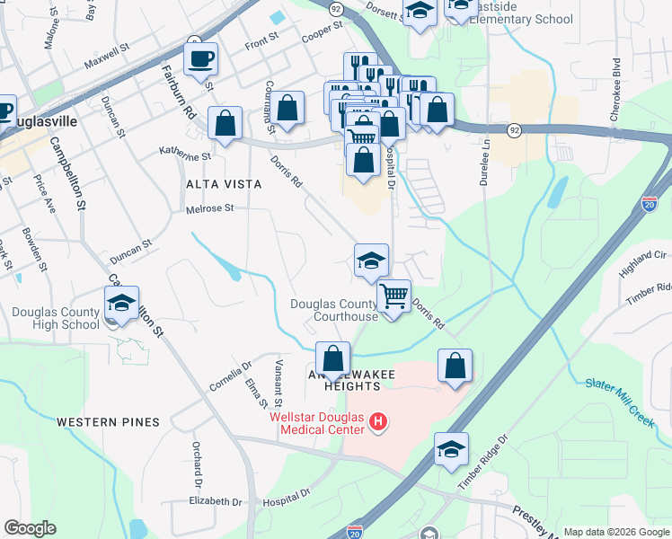 map of restaurants, bars, coffee shops, grocery stores, and more near 8625 Baldwin Parkway in Douglasville