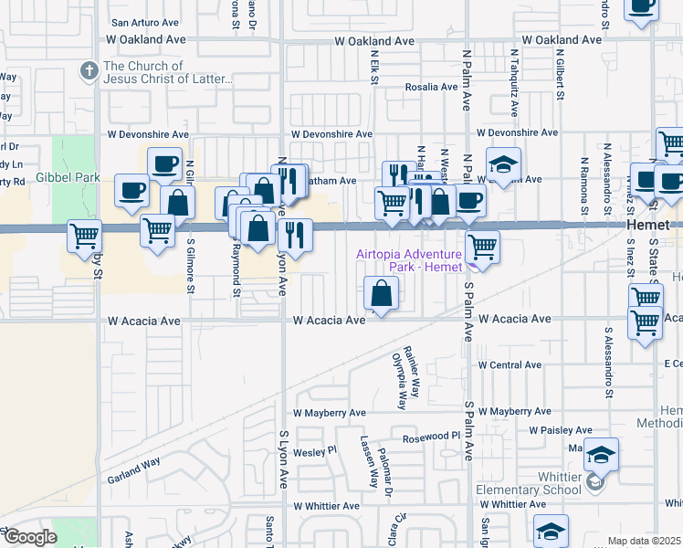 map of restaurants, bars, coffee shops, grocery stores, and more near 1445 West Florida Avenue in Hemet