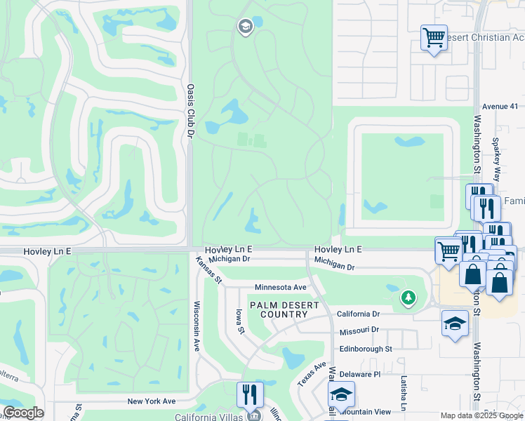 map of restaurants, bars, coffee shops, grocery stores, and more near 41968 Preston Trail in Palm Desert