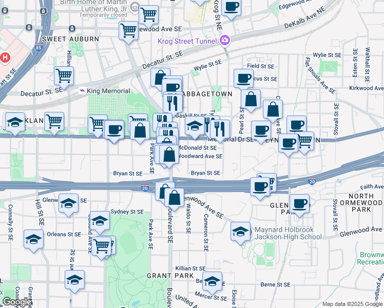 map of restaurants, bars, coffee shops, grocery stores, and more near 644 Woodward Avenue Southeast in Atlanta